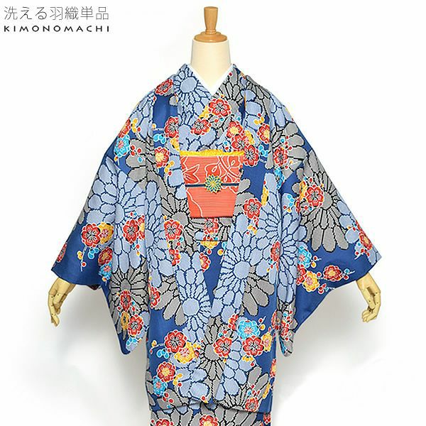 【Prices down】京都きもの町オリジナル羽織単品「青色菊と梅」S、F、TL、LL ポリエステル 防寒 ブルー　花柄 女性羽織 【メール便不可】ss2212kct10