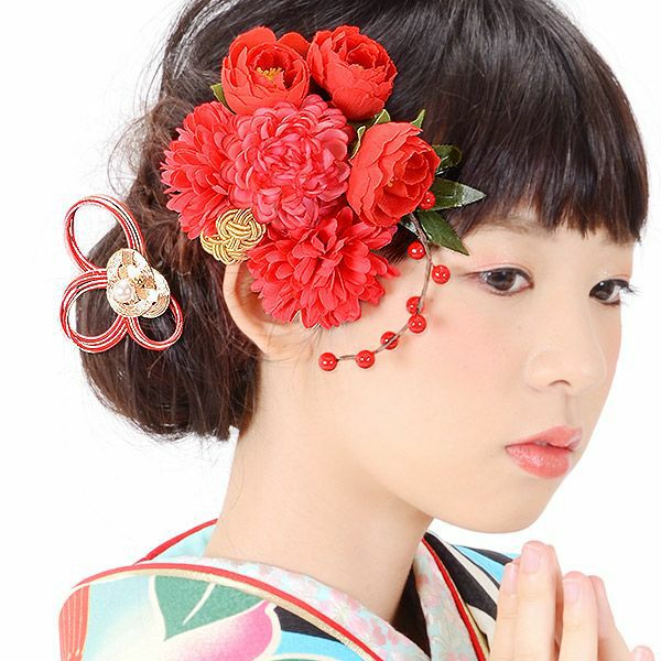 振袖髪飾り2点セット「赤色 お花と南天、水引き」お花髪飾り コーム髪飾り 華やか 水引き飾り 成人式の振袖、卒業式の袴にも (HA-351)