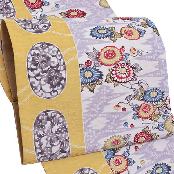 洒落袋帯「薄黄色　霞に菊花」未仕立て 正絹帯   紅型染