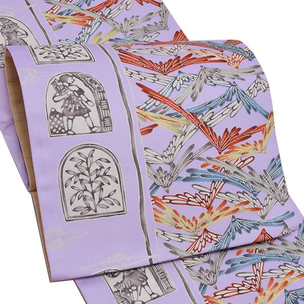 洒落袋帯「藤色　菊花」未仕立て 正絹帯   紅型染