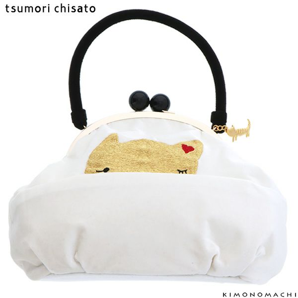 ツモリチサトがま口バッグ「白×ゴールド　猫」ベルベット ベロア 卒業式の袴に ブランドバッグ 振袖バッグ