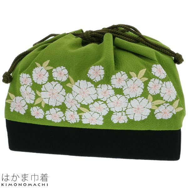 刺繍巾着「抹茶色　八重桜」袴巾着 卒業式、修了式   ちりめん巾着