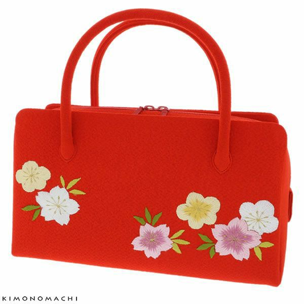 礼装和装バッグ「朱赤色　桜、梅」お茶席ボストンバッグ ダブルファスナー   京丹後絹ちりめん、中国蘇州絹手刺繍