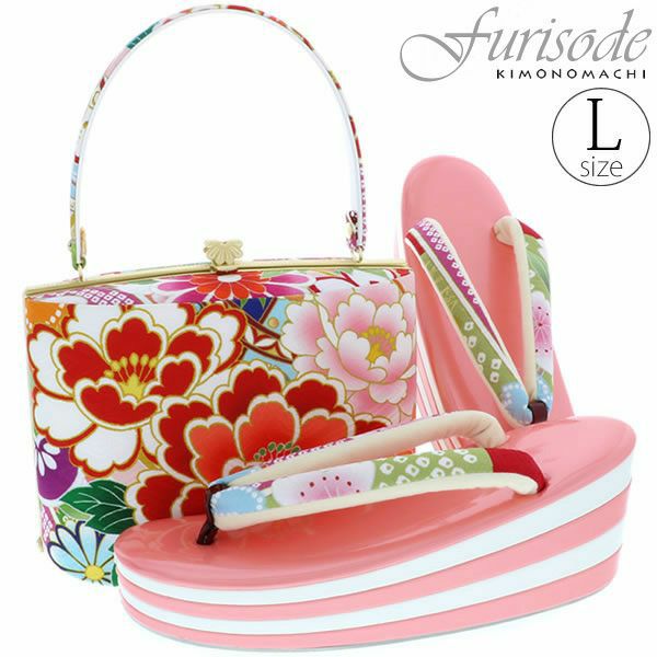 振袖草履バッグセット「ピンク色　牡丹、吉祥草花」Lサイズ フリーサイズ 草履 和装バッグ 四枚芯