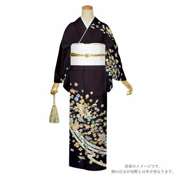 仕立て上がり訪問着単品「葡萄茶色 蔓帯、宝尽くし」正絹着物 