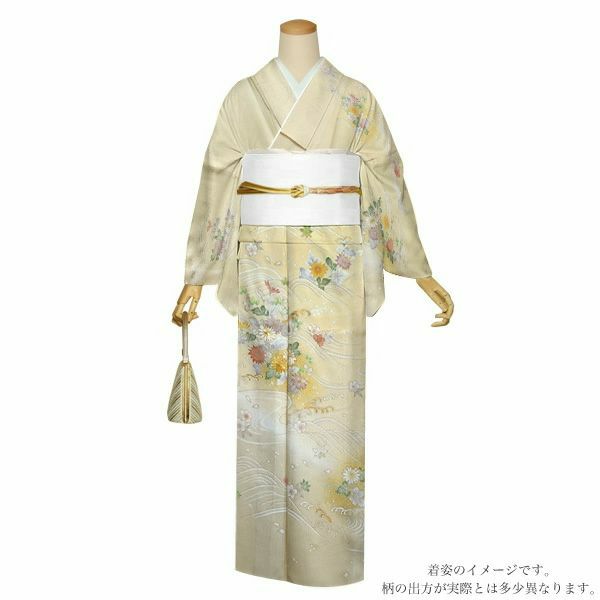 仕立て上がり訪問着単品「薄黄色　波に菊花、桜楓」正絹着物 フォーマル 結婚式 パーティー 正絹訪問着