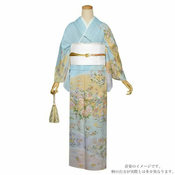 仕立て上がり訪問着単品「薄水色　霞に草花、宝尽くし」正絹着物 フォーマル 結婚式 パーティー 正絹訪問着