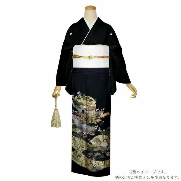 お仕立て上がり黒留袖単品「流水に扇面、御所車」紋入れ代込み 留袖 結婚式  正絹着物