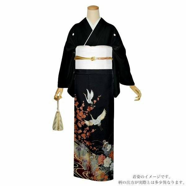 お仕立て上がり黒留袖単品「流水に吉祥草花、鶴」紋入れ代込み 留袖 結婚式  正絹着物
