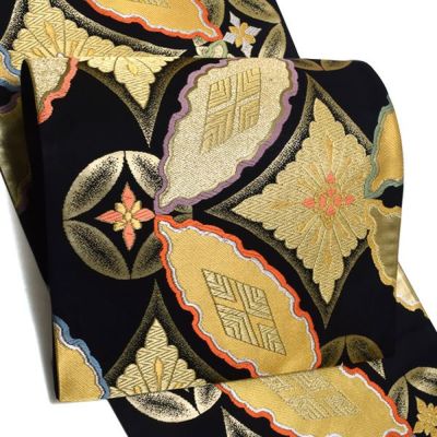 【Prices down3】振袖袋帯「黒色　七宝くづし華文」未仕立て 京都西陣 六通柄  西陣織 【メール便不可】＜T＞ss2503ofr10