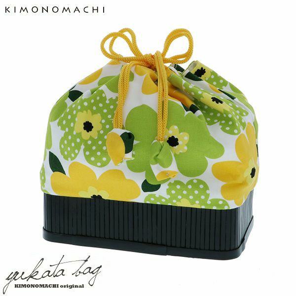 竹籠 巾着単品「グリーン、イエロー　フラワー」京都きもの町 浴衣巾着 巾着バッグ 夏祭り、花火大会に