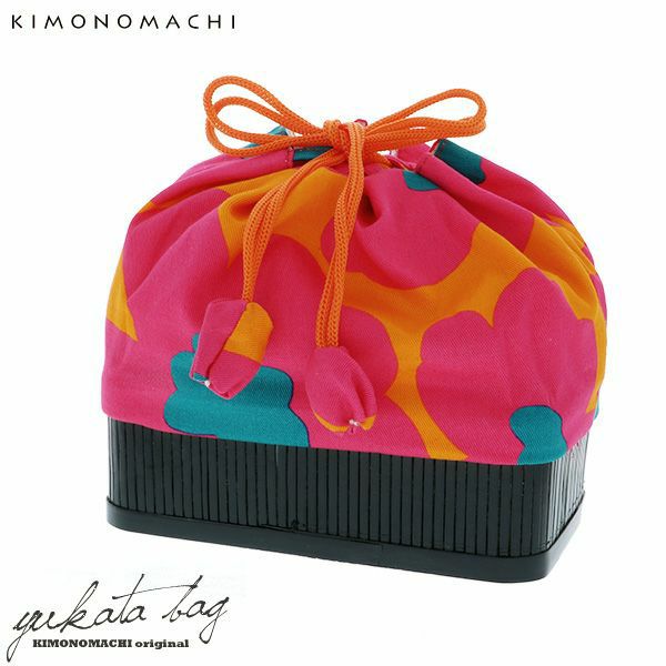 竹籠 巾着単品「オレンジ×ピンク　フラワー」京都きもの町 浴衣巾着 巾着バッグ 夏祭り、花火大会に