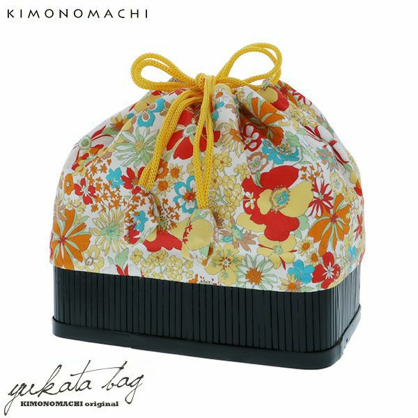 竹籠 巾着単品「イエロー　フラワーガーデン」京都きもの町 浴衣巾着 巾着バッグ 夏祭り、花火大会に
