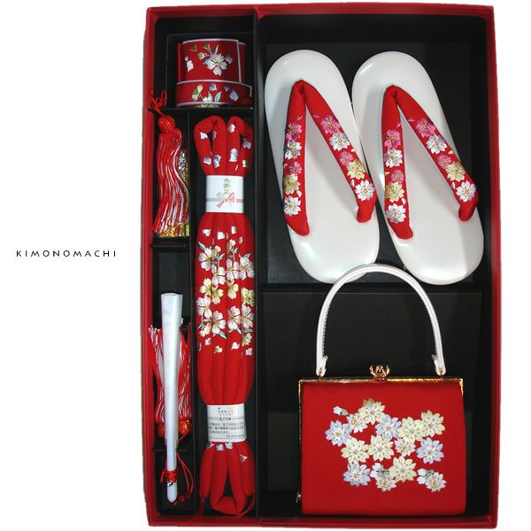 七五三 箱迫セット「赤色　桜の刺繍」箱迫、バッグ、草履、帯締め、末広 日本製 七五三小物セット ひな祭り、桃の節句 No.608赤