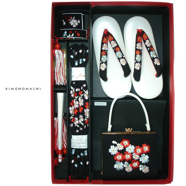 七五三 箱迫セット「黒色　桜の刺繍」箱迫、バッグ、草履、帯締め、末広 日本製 七五三小物セット ひな祭り、桃の節句 No.608黒