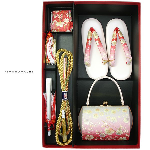 七五三 箱迫セット「白×赤ぼかし　桜」箱迫、バッグ、草履、帯締め、末広 日本製 七五三小物セット ひな祭り、桃の節句 No.519白/赤