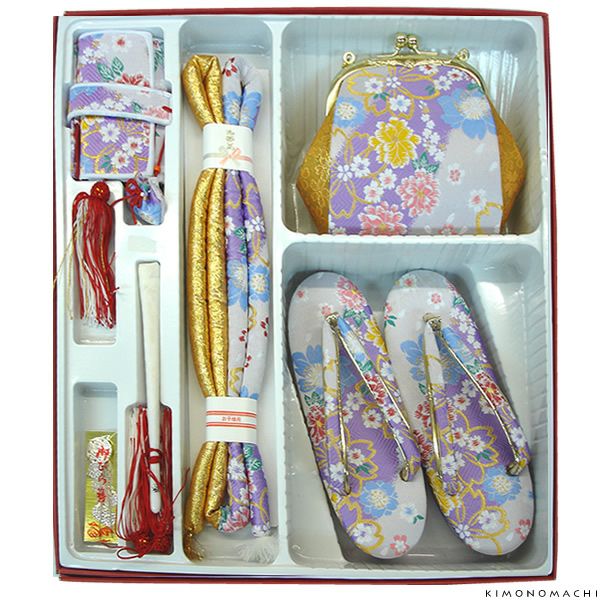 七五三 箱迫セット「パープル系　古典花柄」箱迫、バッグ、草履、帯締め、末広 日本製 七五三小物セット ひな祭り、桃の節句 No.315紫