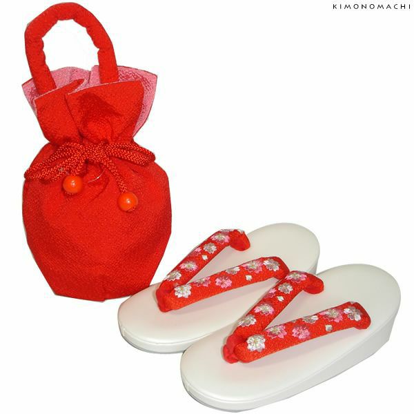 七五三 巾着、草履セット「赤色　無地巾着、刺繍鼻緒草履」16.5cm、18cm、21cm 日本製 七五三小物セット ひな祭り、桃の節句 No.933赤
