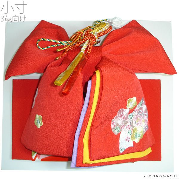 七五三 結び帯「赤色　リボンと桜」3歳向け 二部式帯 付け帯 日本製 No.303リボン桜・赤（小）