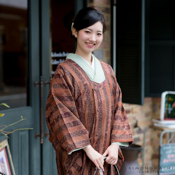 正絹紗 菱衿コート「赤銅色 葡萄蔦」撥水加工済 道中着 着物コート 