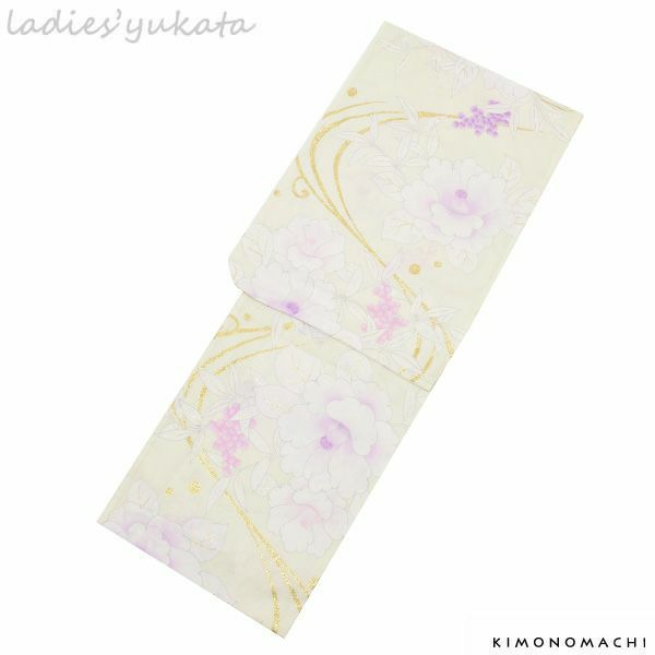 変わり織り 女性浴衣単品「ライムイエロー　流水に椿、南天」ボヌールセゾン お仕立て上がり浴衣 フリーサイズ 女性浴衣 （6P-47）