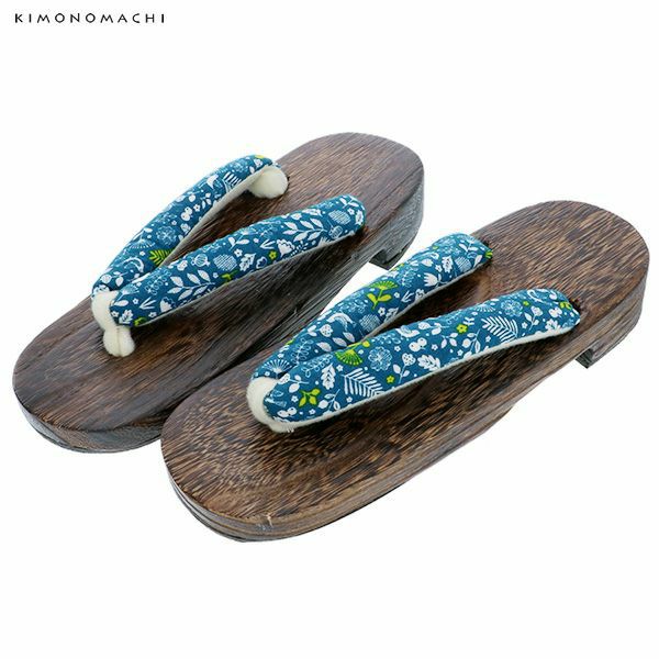 女性 下駄単品「ターコイズグリーン花と鳥」フリーサイズ（Lサイズ）、LLサイズ 夏祭り、花火大会、夏フェス 浴衣下駄 婦人下駄