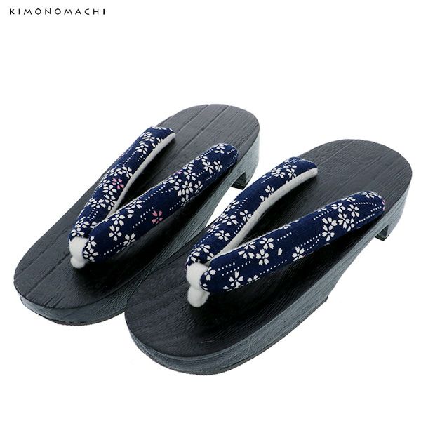 女性 下駄単品「紺色　小桜」フリーサイズ（Lサイズ）、LLサイズ 夏祭り、花火大会、夏フェス 浴衣下駄 婦人下駄