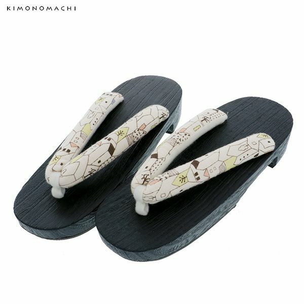 女性 下駄単品「白色　町並み」フリーサイズ（Lサイズ）、LLサイズ 夏祭り、花火大会、夏フェス 浴衣下駄 婦人下駄