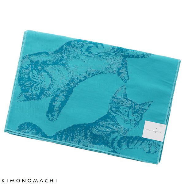 京都きもの町オリジナル 浴衣帯単品「ターコイズ　猫」兵児帯 ゆかた帯 日本製 へこ帯 ＜17浴衣帯19＞
