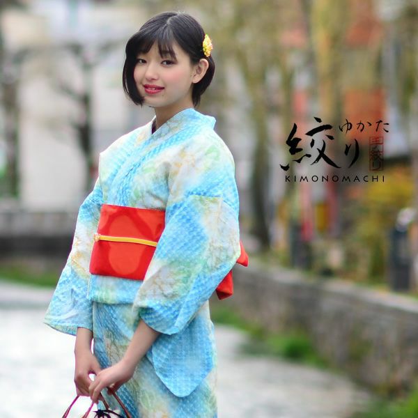 女性 浴衣「ターコイズブルー　小花」絞り浴衣 夏着物、浴衣に 女性浴衣 夏祭り、盆踊りに