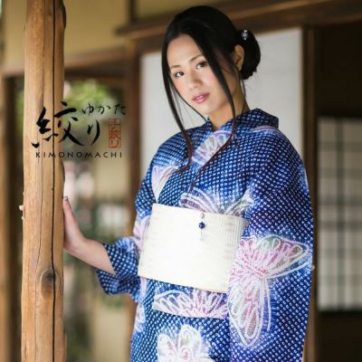 【Prices down】女性 浴衣「紺色　蝶」絞り浴衣 夏着物、浴衣に 女性浴衣 夏祭り、盆踊りに 【メール便不可】ss2503ykl10
