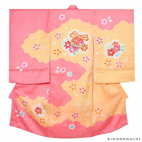 【Prices down2】女の子のお宮参り着物 祝い着（熨斗目）「ピンク　雲に鈴」小桜 一ツ身 絞り お宮参り 七五三 【メール便不可】ss2309kkd10