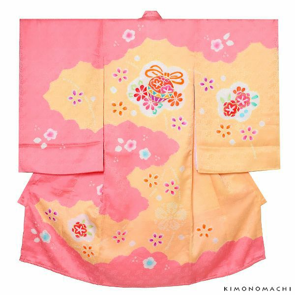 女の子のお宮参り着物 祝い着（熨斗目）「ピンク　雲に鈴」小桜 一ツ身 絞り お宮参り 七五三