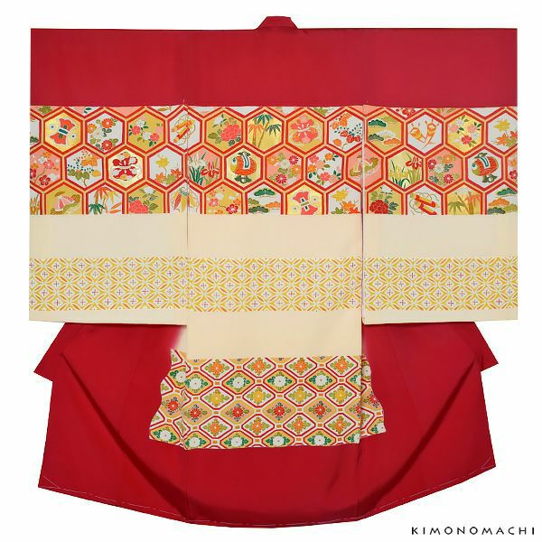 女の子のお宮参り着物 祝い着（熨斗目）「赤色　亀甲に宝尽くし、吉祥花文段模様」遠彩 一ツ身 手描き お宮参り 七五三