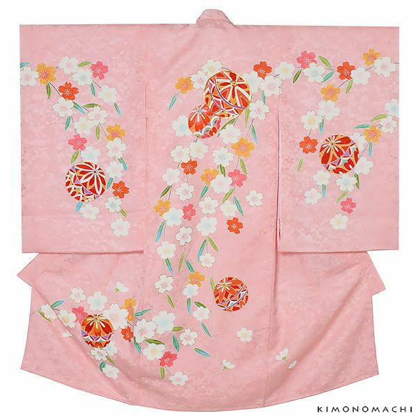 女の子のお宮参り着物 祝い着（熨斗目）「薄ピンク色　枝垂れ桜に毬」加茂6 一ツ身 刺繍 お宮参り 七五三