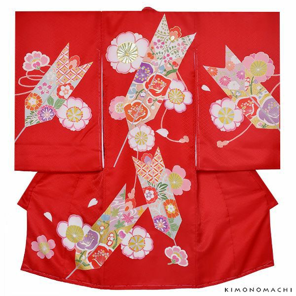 女の子のお宮参り着物 祝い着（熨斗目）「赤色　矢羽に桜」綾 一ツ身 手描き お宮参り 七五三