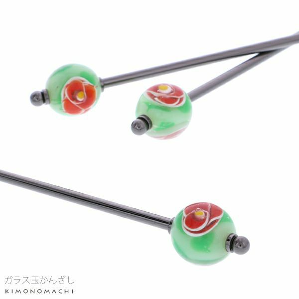 ガラス玉 かんざし「グリーン×赤色椿」簪 浴衣髪飾り 髪飾り 浴衣かんざし