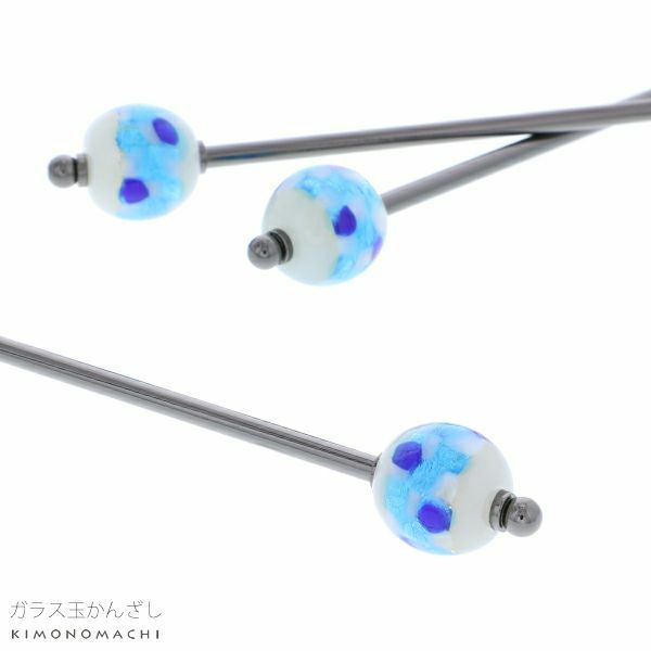 ガラス玉 かんざし「白×ブルー市松」簪 浴衣髪飾り 髪飾り 浴衣かんざし