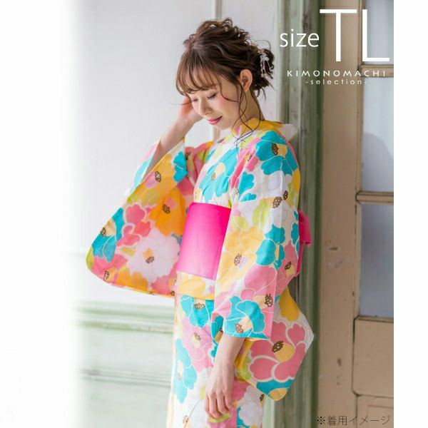 TLサイズ 浴衣単品「パステルカラー　椿」女性浴衣 プレタ浴衣 レディース浴衣 お仕立て上がり浴衣 花火大会、夏デートに