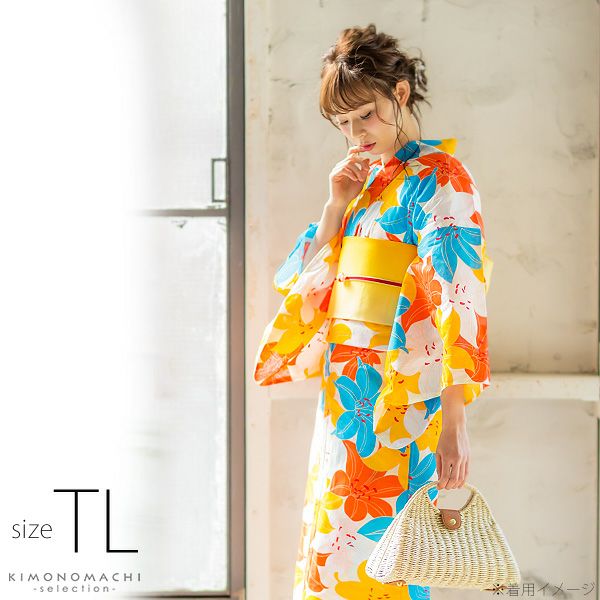 TLサイズ 浴衣単品「オレンジ×水色　百合」女性浴衣 プレタ浴衣 レディース浴衣 お仕立て上がり浴衣 花火大会、夏デートに