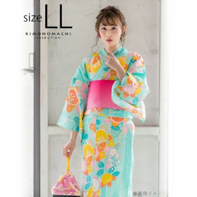 【Prices down】LLサイズ 浴衣単品「ターコイズグリーン　矢絣縞に橘」女性浴衣 プレタ浴衣 レディース浴衣 お仕立て上がり浴衣 花火大会、夏デートに 【メール便不可】ss2406ykl10