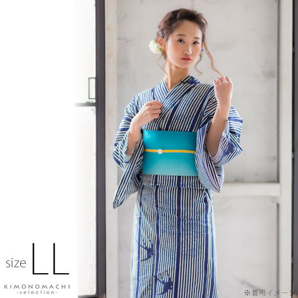 LLサイズ 浴衣単品「紺青色　縞に菊花、ツバメ」女性浴衣 プレタ浴衣 レディース浴衣 お仕立て上がり浴衣 花火大会、夏デートに