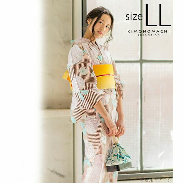 LLサイズ 浴衣単品「ラズベリーレッド　ストライプに花」女性浴衣 プレタ浴衣 レディース浴衣 お仕立て上がり浴衣 花火大会、夏デートに