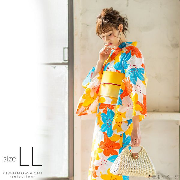 LLサイズ 浴衣単品「オレンジ×水色　百合」女性浴衣 プレタ浴衣 レディース浴衣 お仕立て上がり浴衣 花火大会、夏デートに