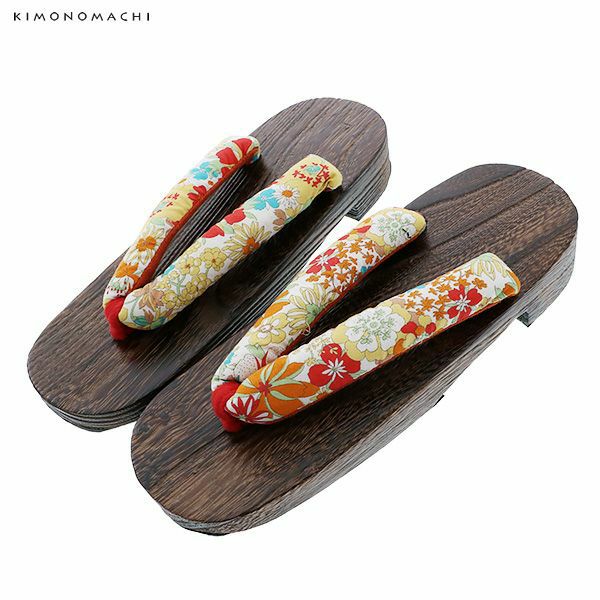 女性 下駄単品「イエロー　フラワーガーデン」フリーサイズ（Lサイズ）、LLサイズ 夏祭り、花火大会、夏フェス 浴衣下駄 婦人下駄