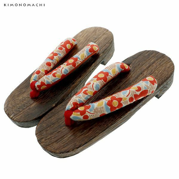 女性 下駄単品「オレンジレトロフラワー」フリーサイズ（Lサイズ）、LLサイズ 夏祭り、花火大会、夏フェス 浴衣下駄 婦人下駄