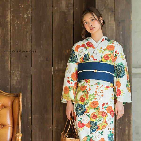 洗える着物夏着物「白色　鼓、古典草花」S、L（フリー）、TL、LL 縦紗風 お仕立て上がり夏着物 レディース 洗える夏着物