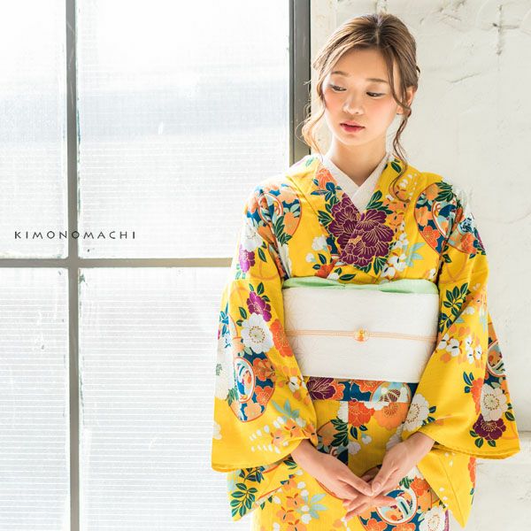 洗える着物夏着物「黄色　鼓、古典草花」S、L（フリー）、TL、LL 縦紗風 お仕立て上がり夏着物 レディース 洗える夏着物