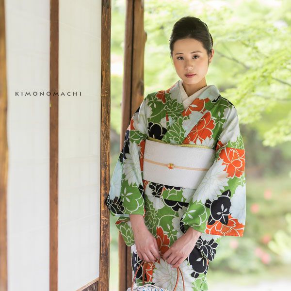 洗える着物夏着物「松葉色×白、オレンジ、黒　花々」S、L（フリー）、TL、LL 縦紗風 お仕立て上がり夏着物 レディース 洗える夏着物