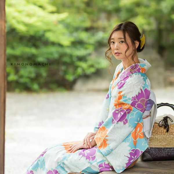 洗える着物夏着物「水色×白、オレンジ、青藤　花々」S、L（フリー）、TL、LL 縦紗風 お仕立て上がり夏着物 レディース 洗える夏着物